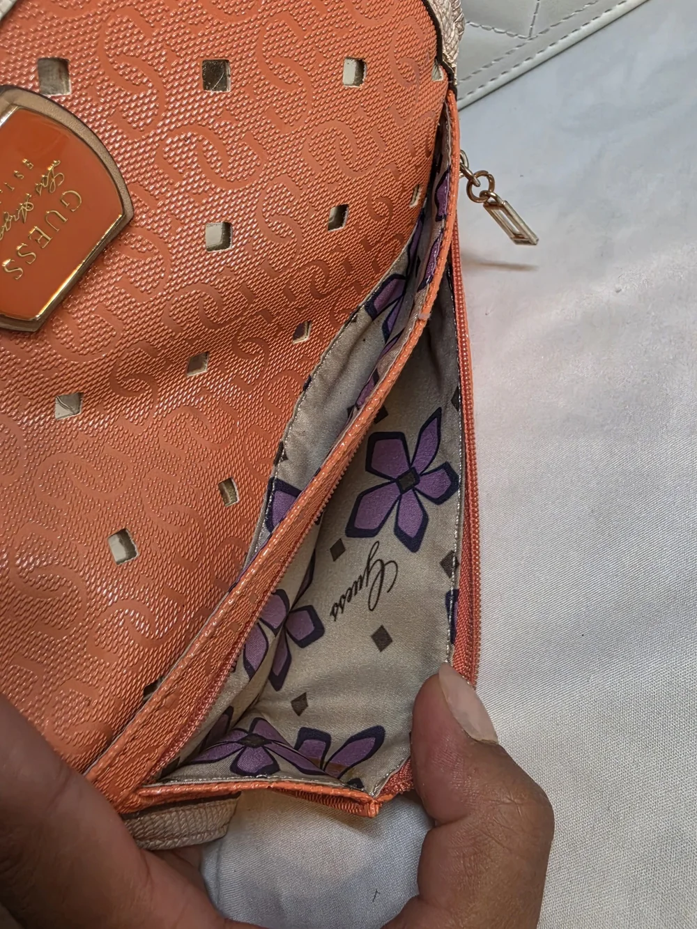GUESS Orange Wallet with Beige Trim and Gold Accents